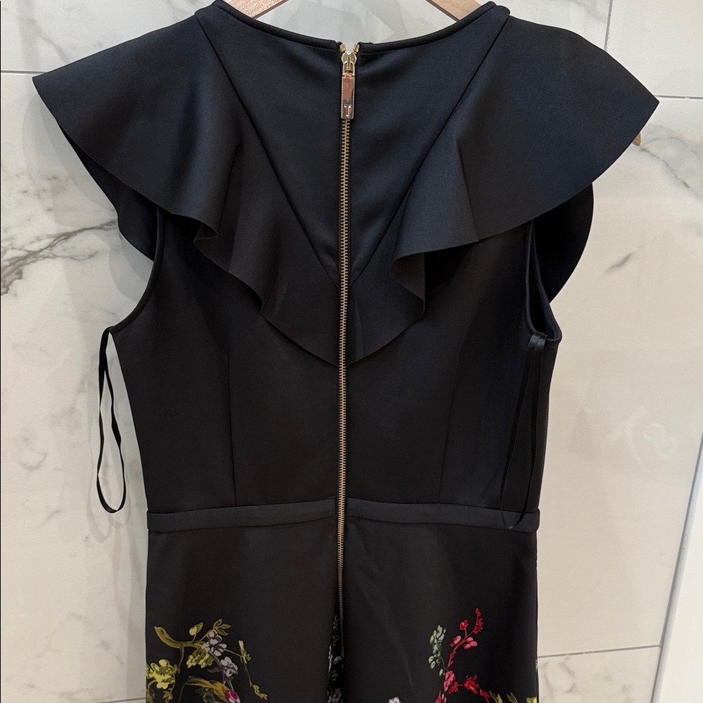 Ted Baker Black Ruffle Dress with Floral Accents Size 4